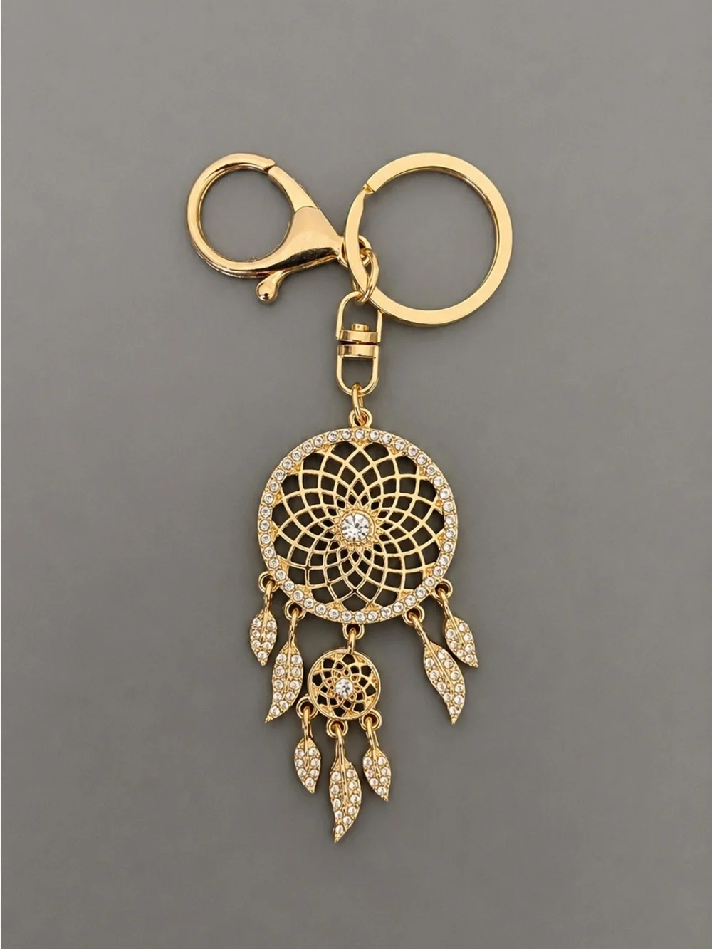 Gold Dreamcatcher Keychain, Boho Bag Charm, Rhinestone Purse Charm Gift